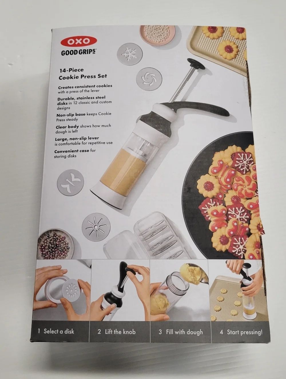 OXO Good Grips 14-Piece Cookie Press Set, Cookie Press with 12 Stainless Steel D